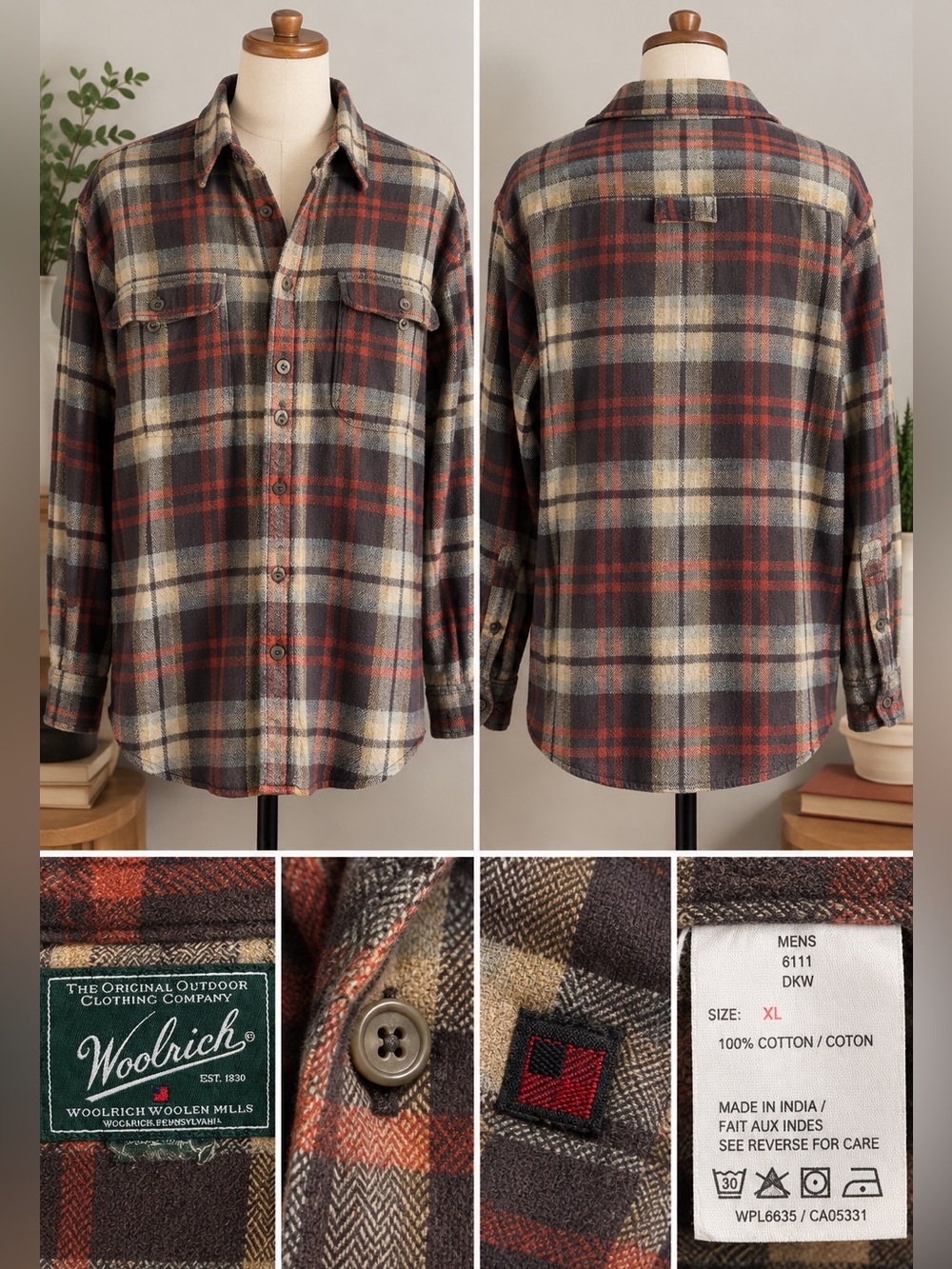 Woolrich Plaid Flannel Shirt in Brown, Red, Cream